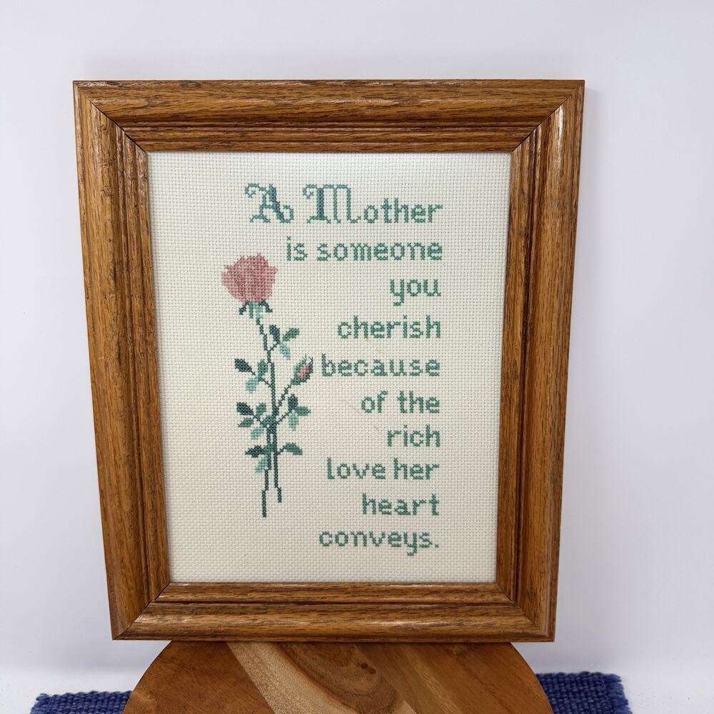 Vintage Framed Handmade Cross Stitch Embroidery ‘A Mother’ Poem 1987 With Glass